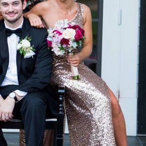 Long sequin Gold one shoulder dress with slit